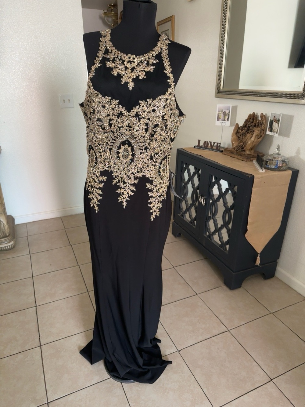 Macy's Black and Gold Embellished Prom Dress Size 10. $150.00